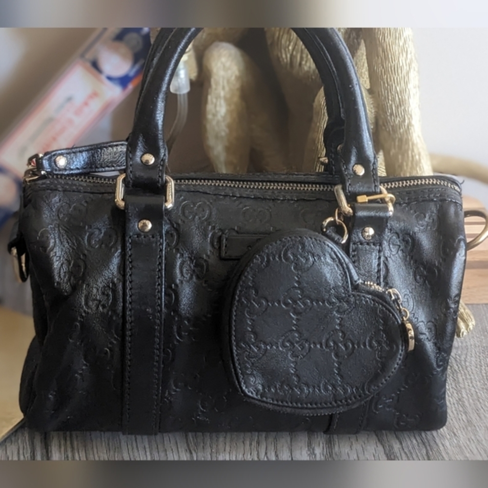 Gucci Black Leather Satchel with Monogram Pattern